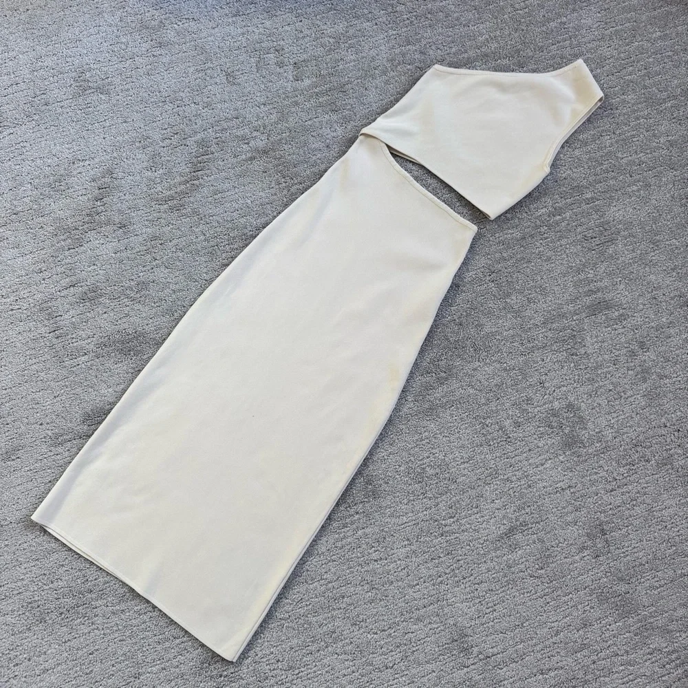 Zara Cream Cutout Midi Dress Blogger Favorite One Shoulder Size Small - Picture 2 of 8